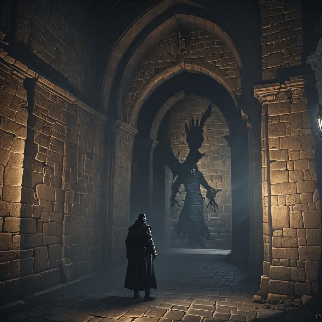 Eerie Castle Shadow Figure in Dark Fantasy Style