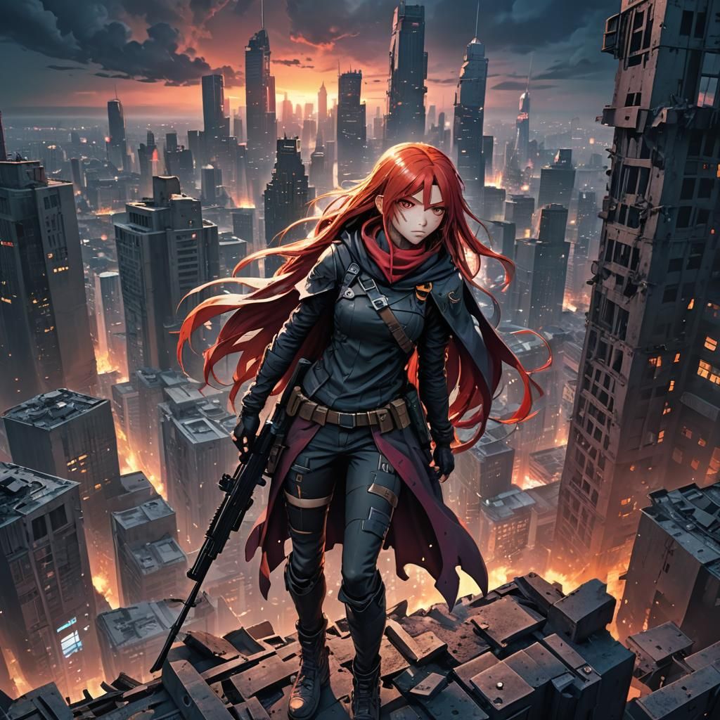 Dystopian Anime Freedom Fighter on Ruined Skyscraper
