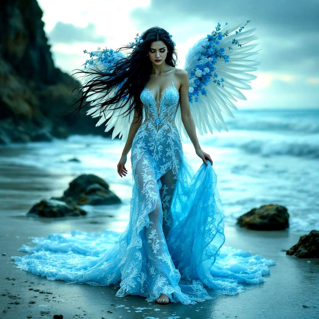 Ethereal Angel Bride in Ice Blue Wedding Gown with Filigree...