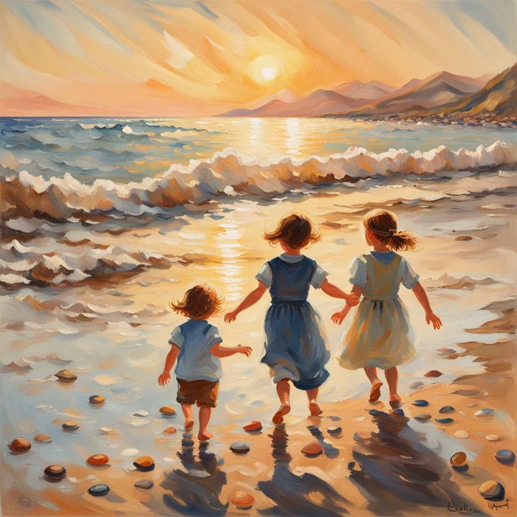 Children at Sunset: Impressionist Seascape Painting