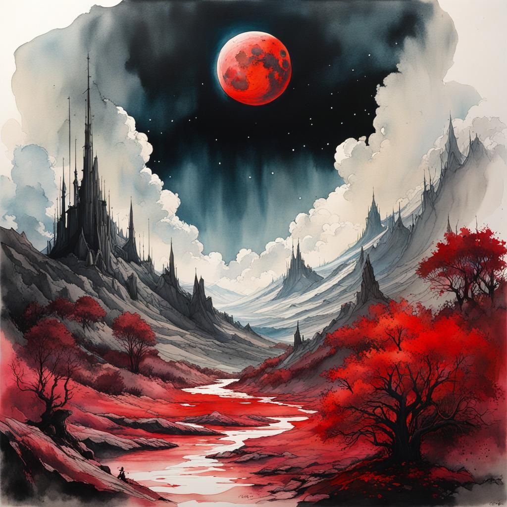 Blood Moon Landscape in Watercolor Splash Art Style
