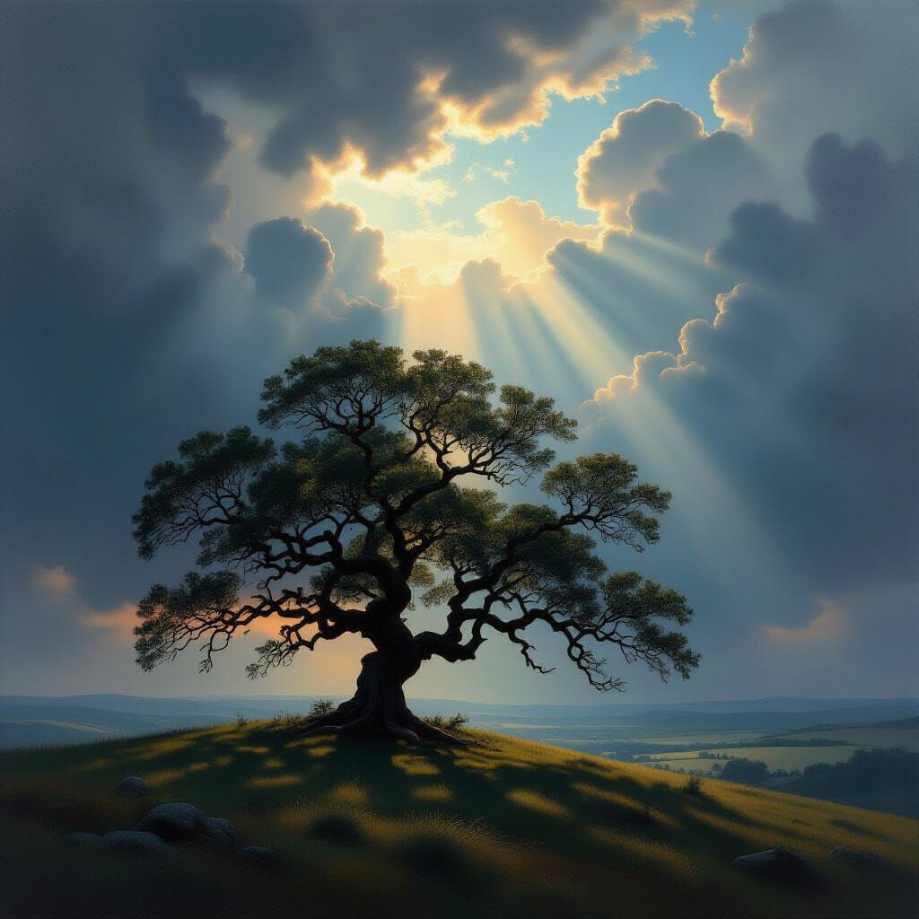 Majestic Oak Tree Under Stormy Sky with Ethereal Light