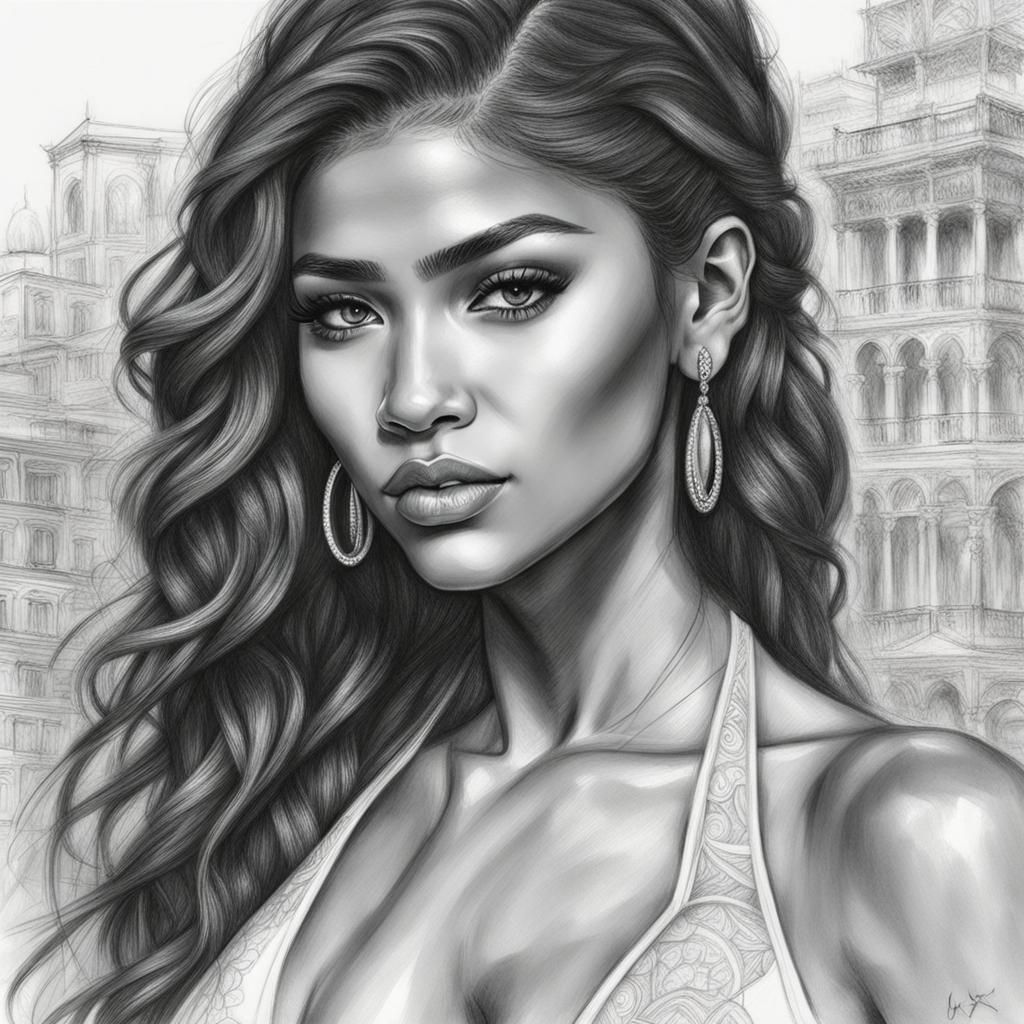 Zendaya in White Bikini: Intricate Pencil Sketch