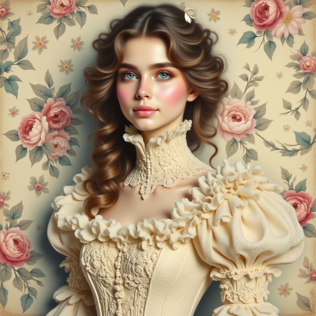 Victorian Girl in Lace Dress, Ink Wash Style