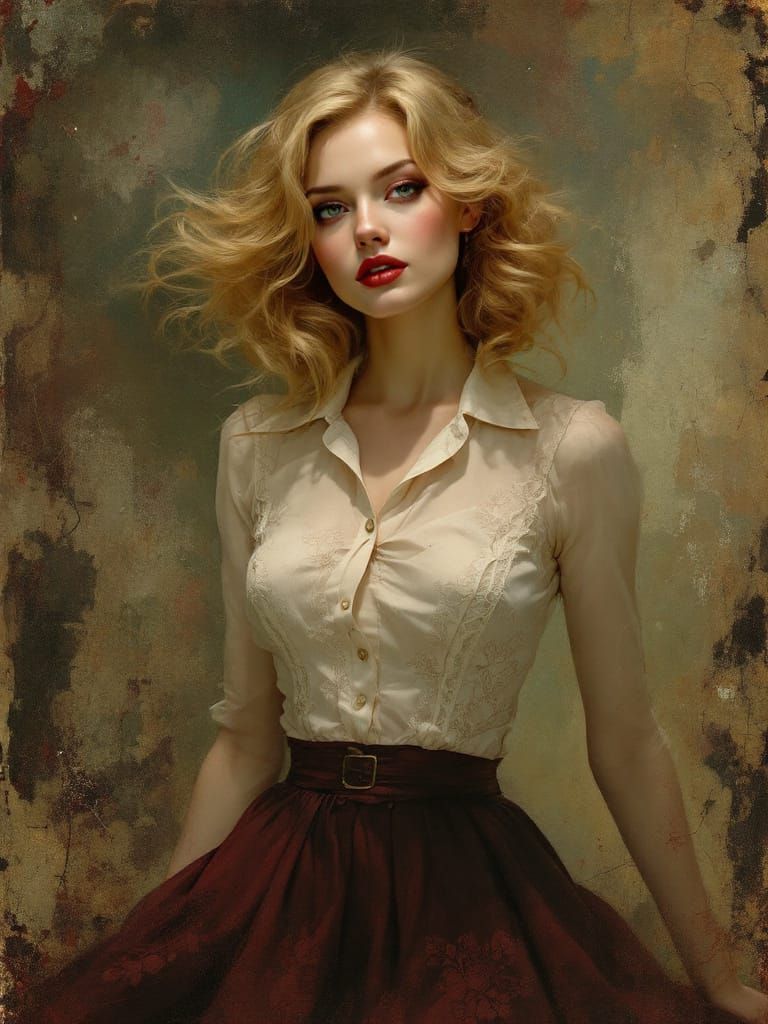 1950s Pin-Up Woman in Maroon Lace Skirt