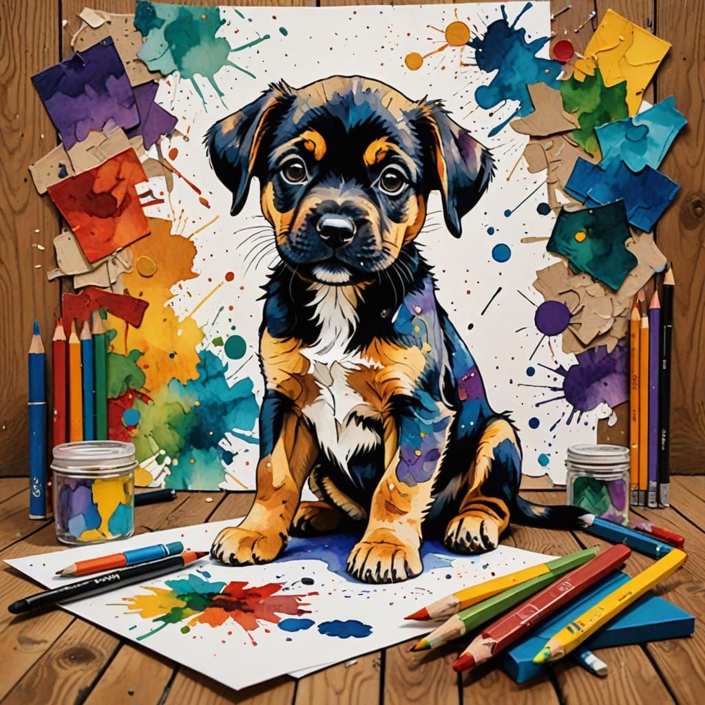 Vibrant Mixed Media Masterpiece of a Playful Puppy