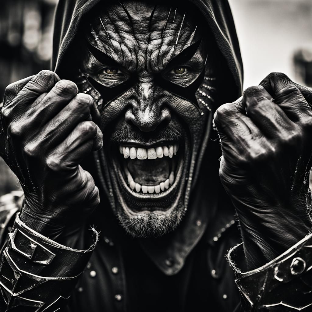 Black-Metal Superhero Portrait with Sinister Smile