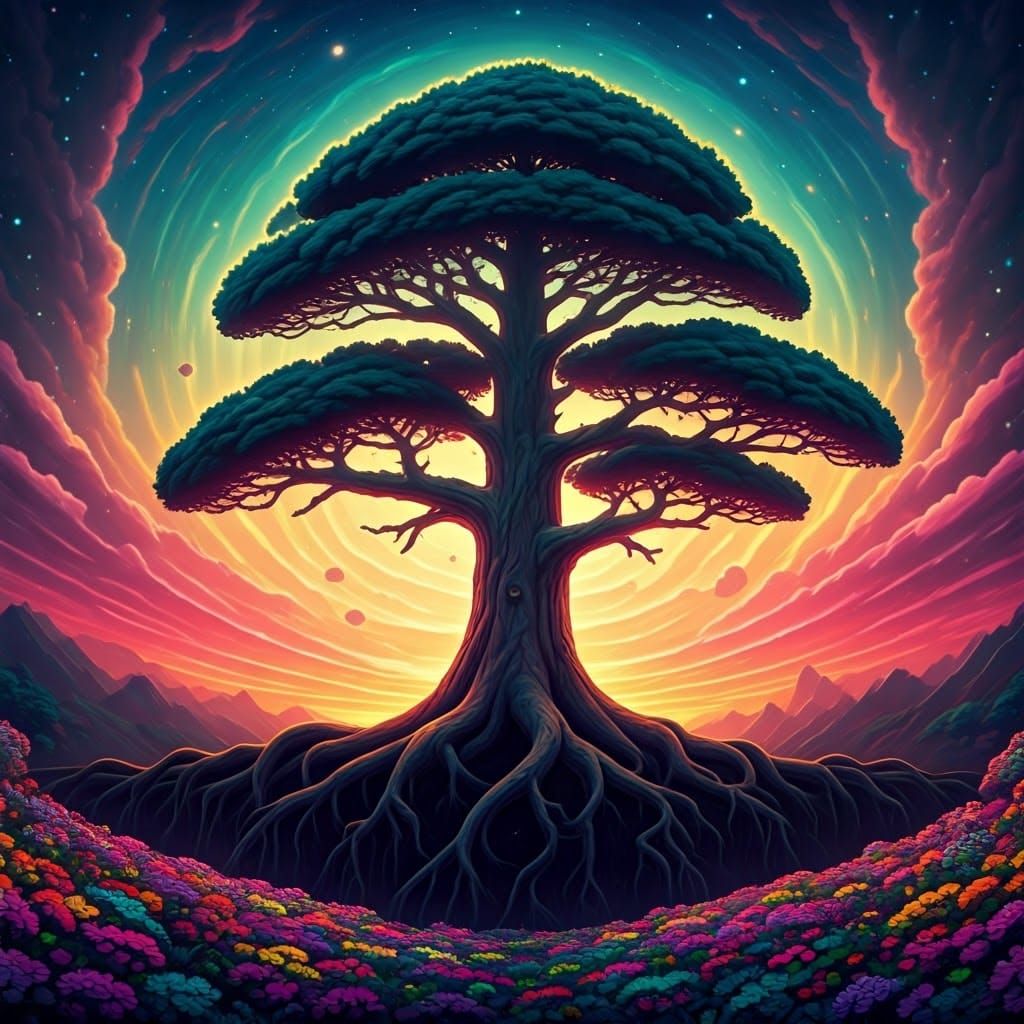 Psychedelic Pine Tree in Cosmic Forest Scene