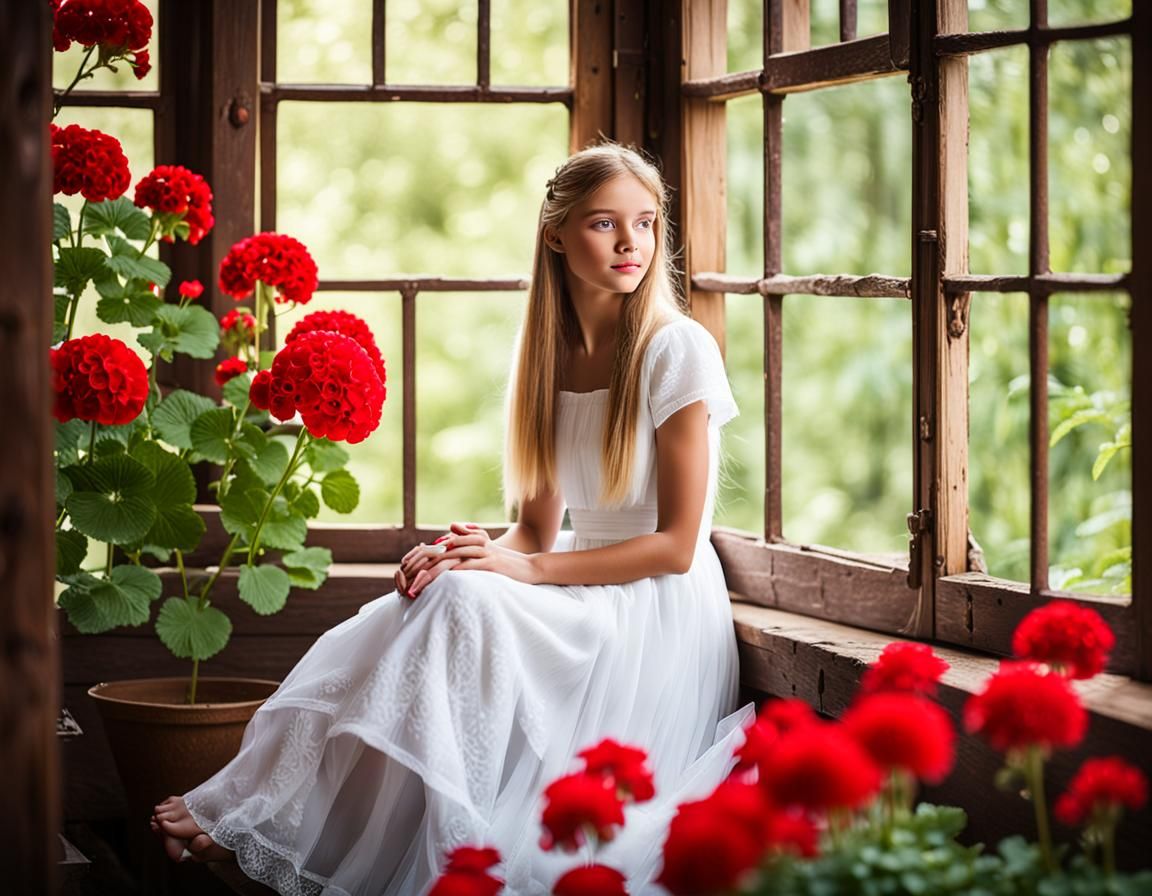 Teenager in White Dress with Red Geranium