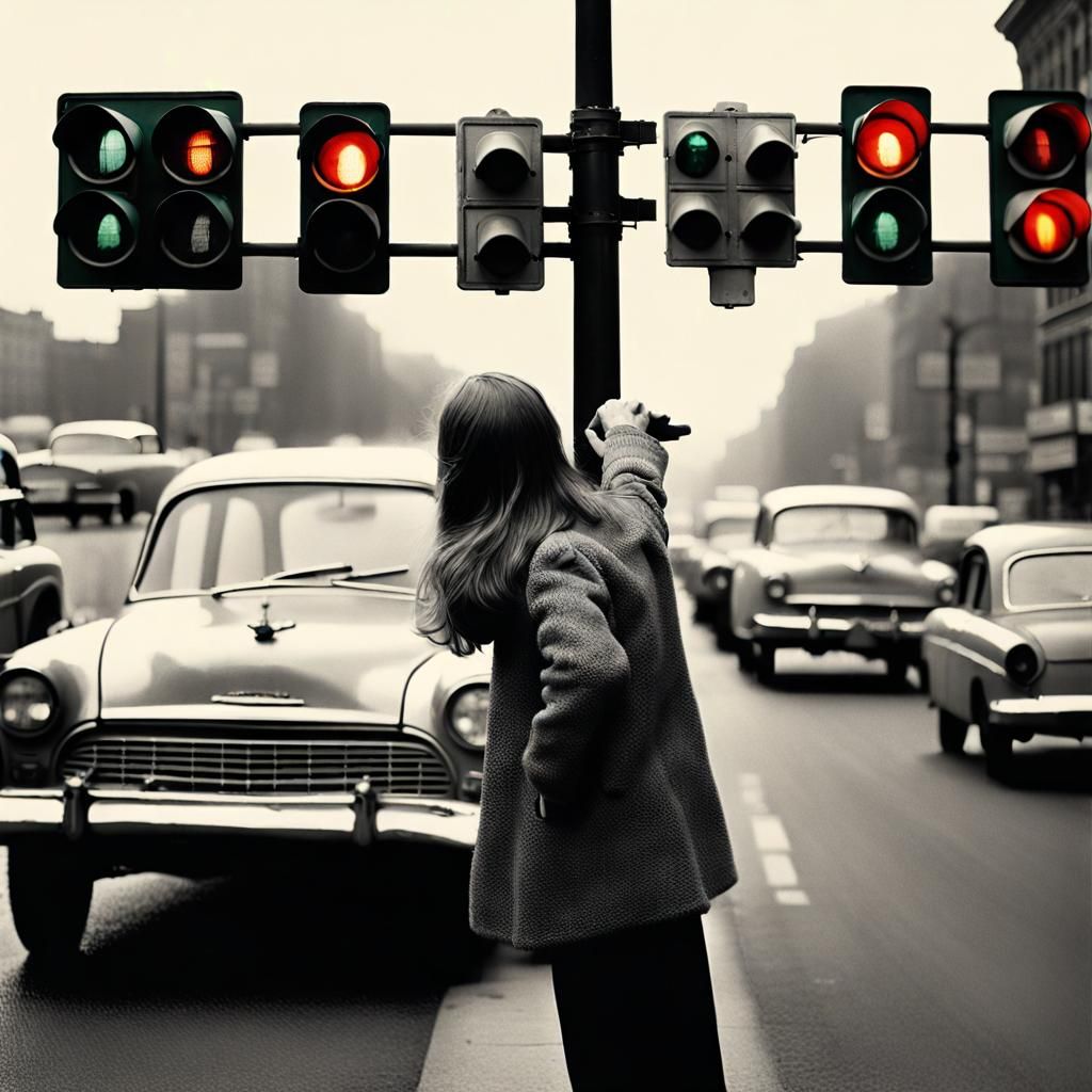 Vintage Photo of Girl Pointing at Car Crash