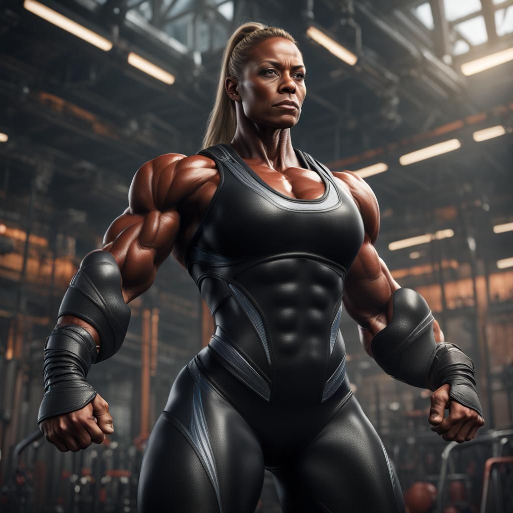 Muscular Female Bodybuilder in Spandex: Detailed Digital Art