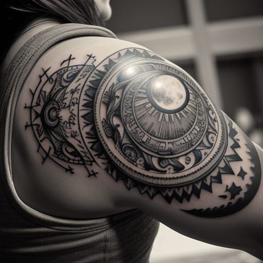 bicep tattoo of sun, moon and stars