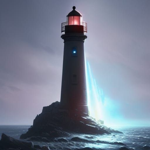 Blue Robot Lighthouse Concept Art in Marvel Style