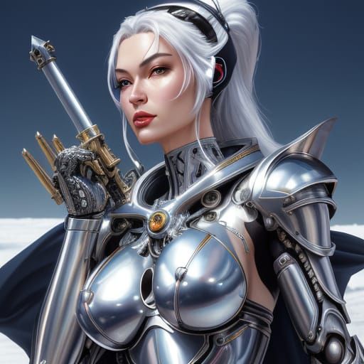 Snow White Gynoid with Knights in Sci-Fi Art