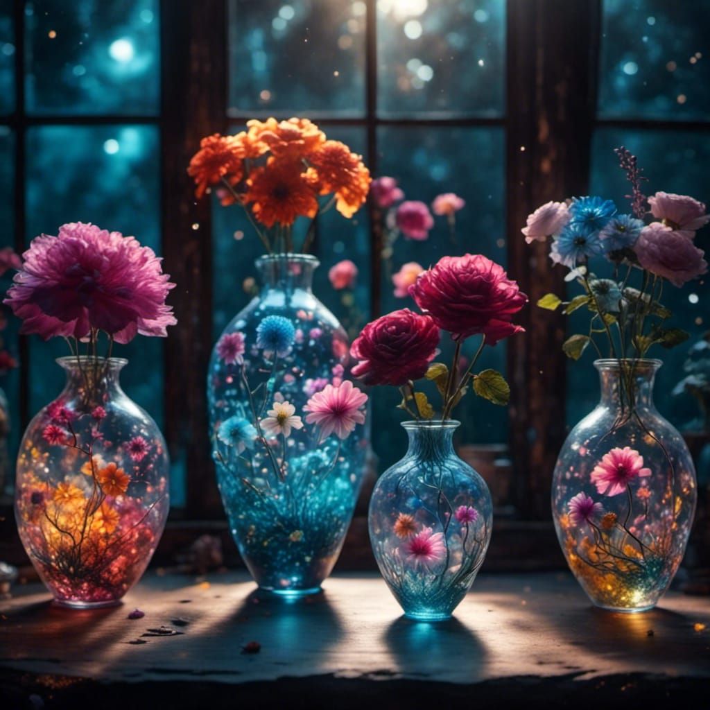 Sparkling Glass Flower Vases in Airbrush Art Style