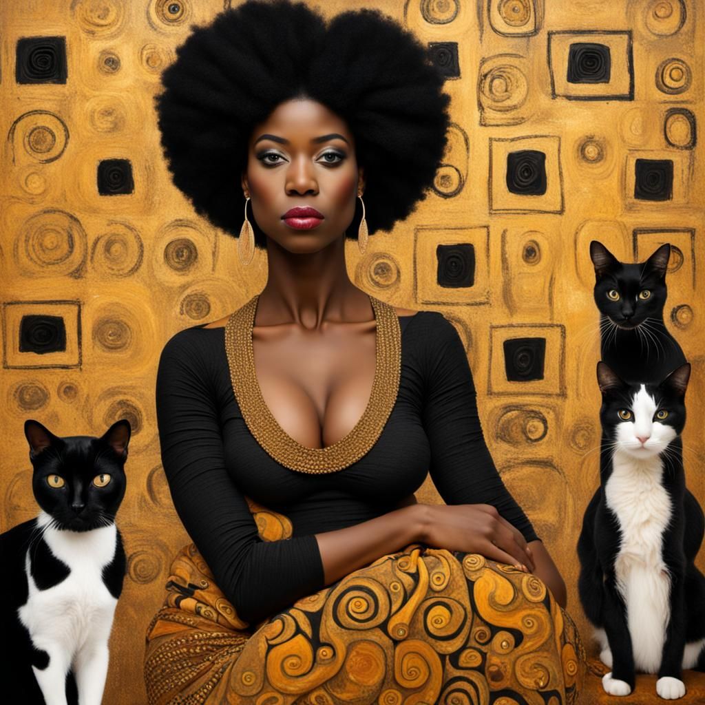 Black Women and Cats in Klimt Style