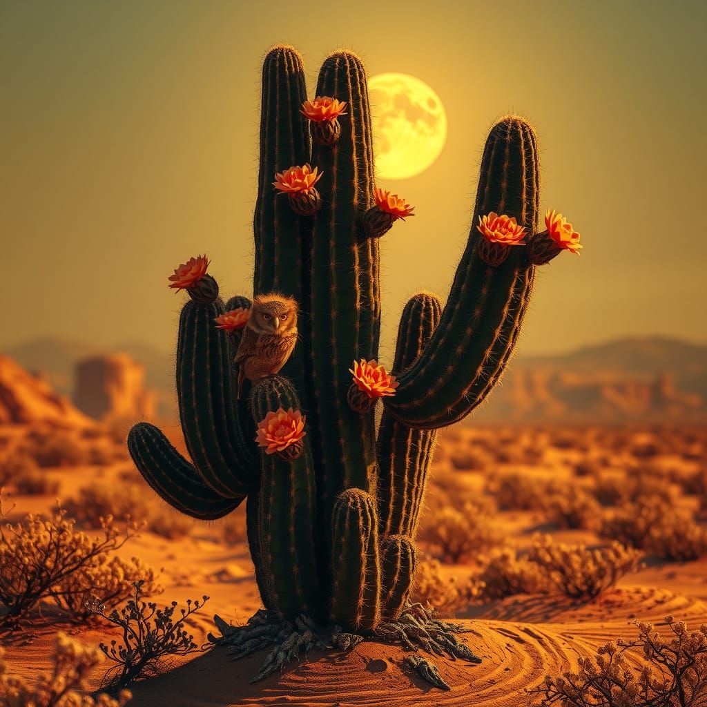 Epic Desert Landscape Under Moonlight in Cyberpunk Style