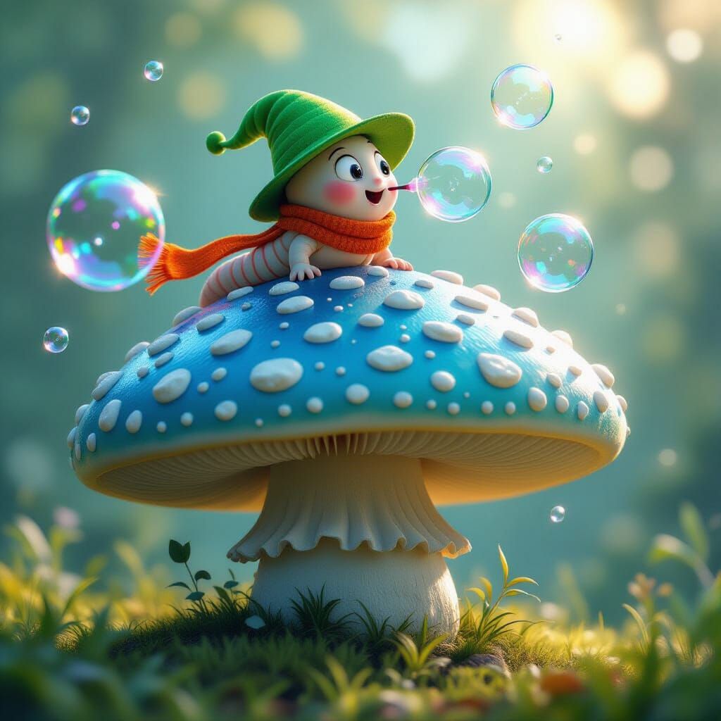 Cartoon Worm Blowing Bubbles on Mushroom, Digital Art