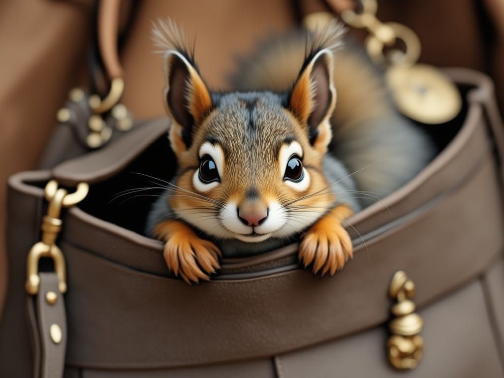 Squirrel Peeking From Handbag in Art Deco Style