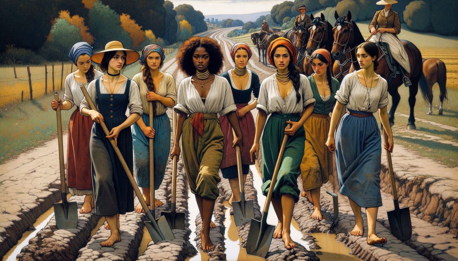 Women Road Workers in Post-Impressionist Style