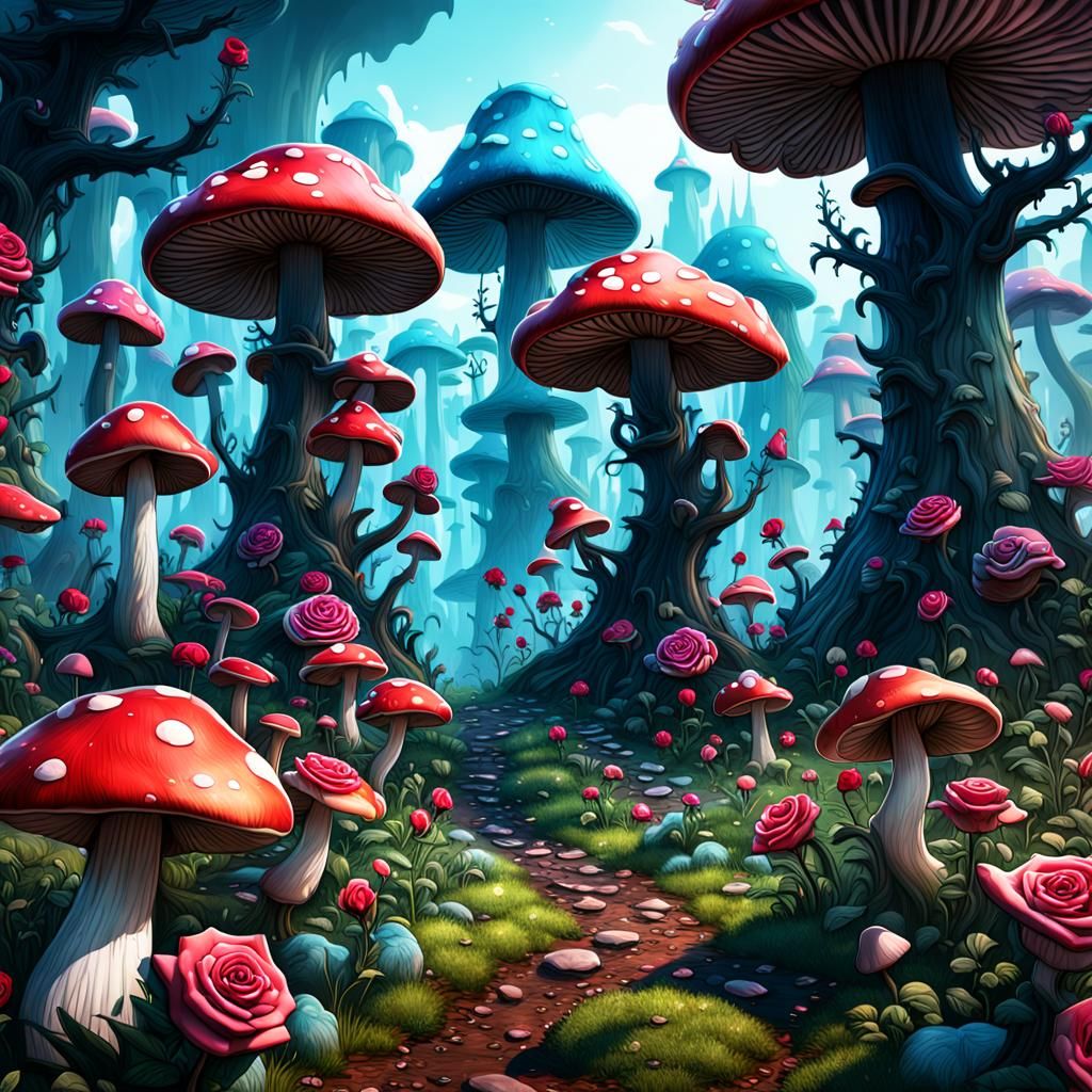 Mushroom Grove with Roses: Detailed Matte Painting