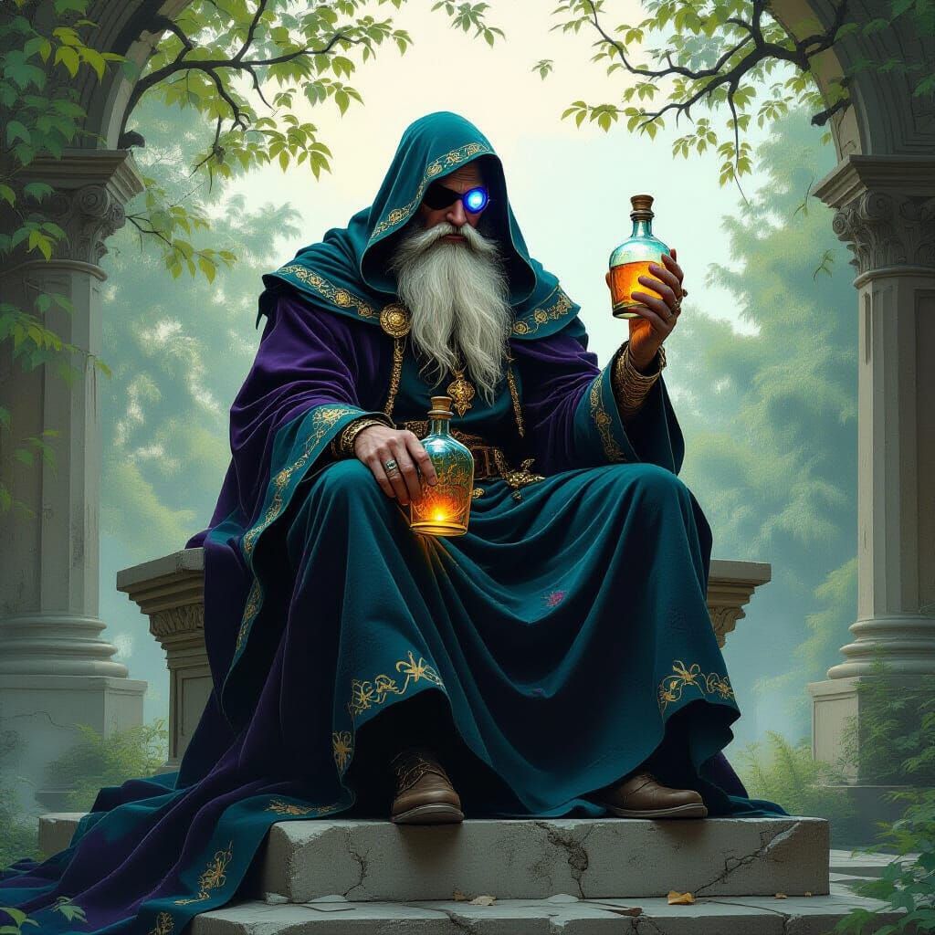 Granite Wizard Statue with Mystical Bottle, Fantasy Art