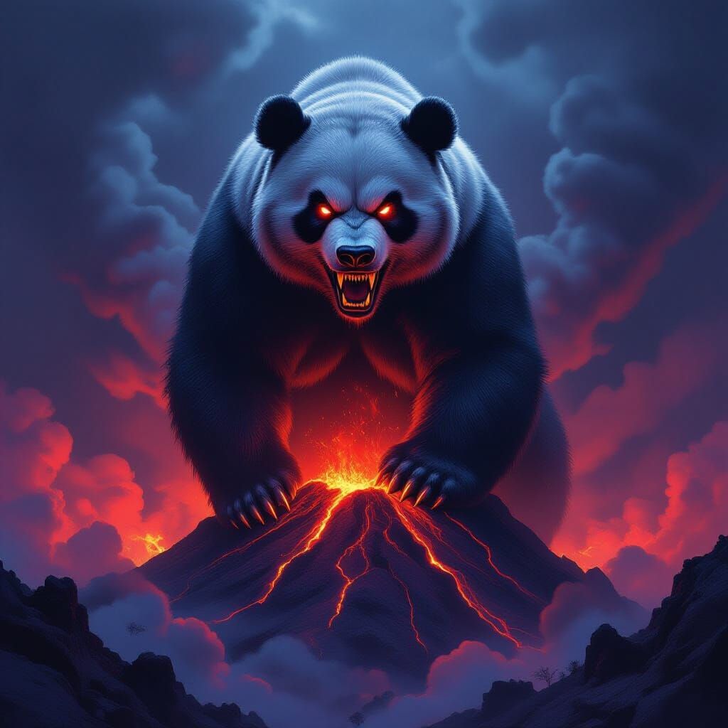 Mythical Bear-Panda Hybrid Perched on Fiery Volcano