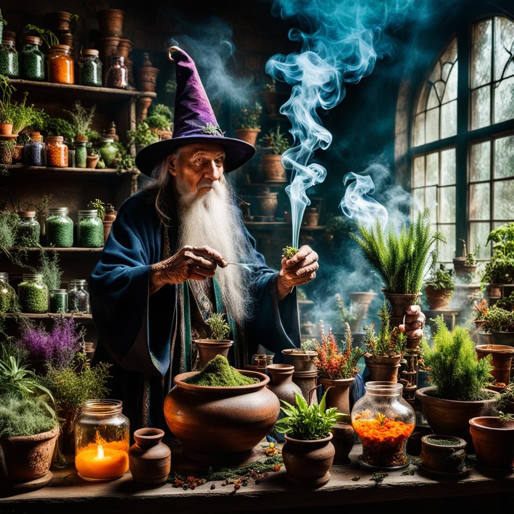 Elderly Sorcerer Mixing a Mystical Potion