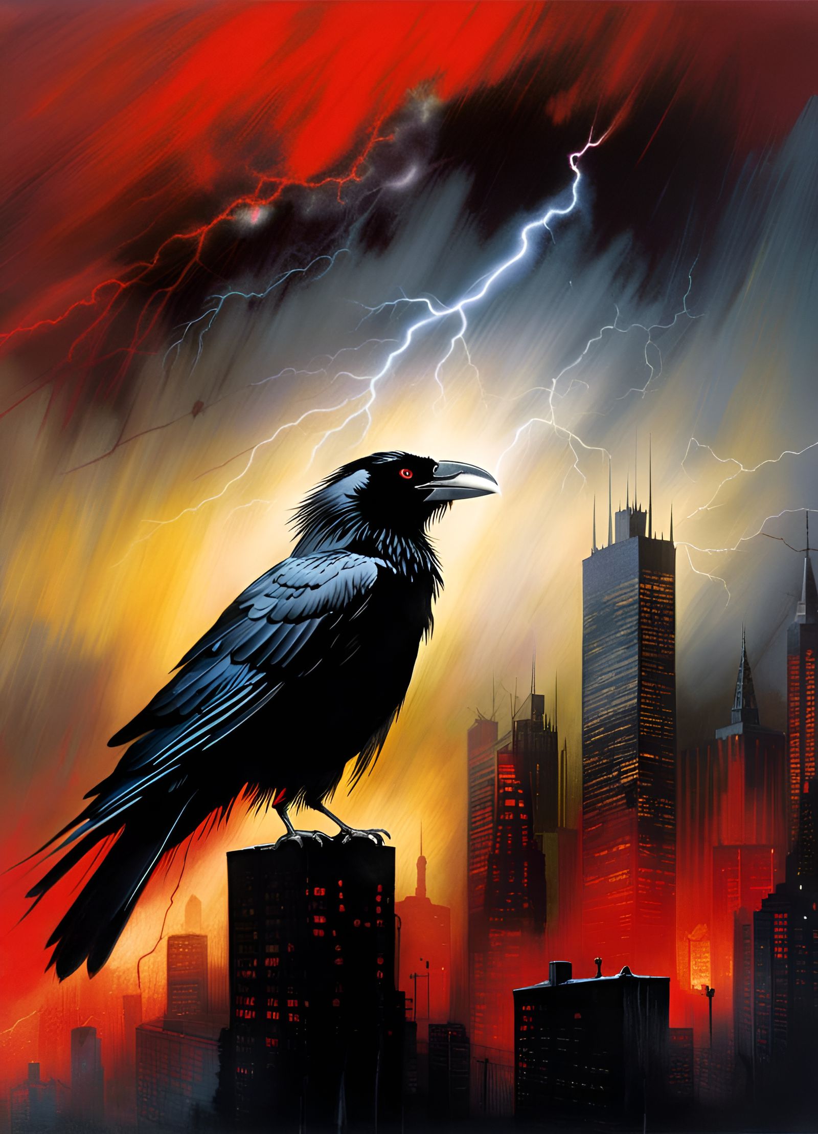 Crow in Cityscape with Red Eyes, Dramatic Lighting