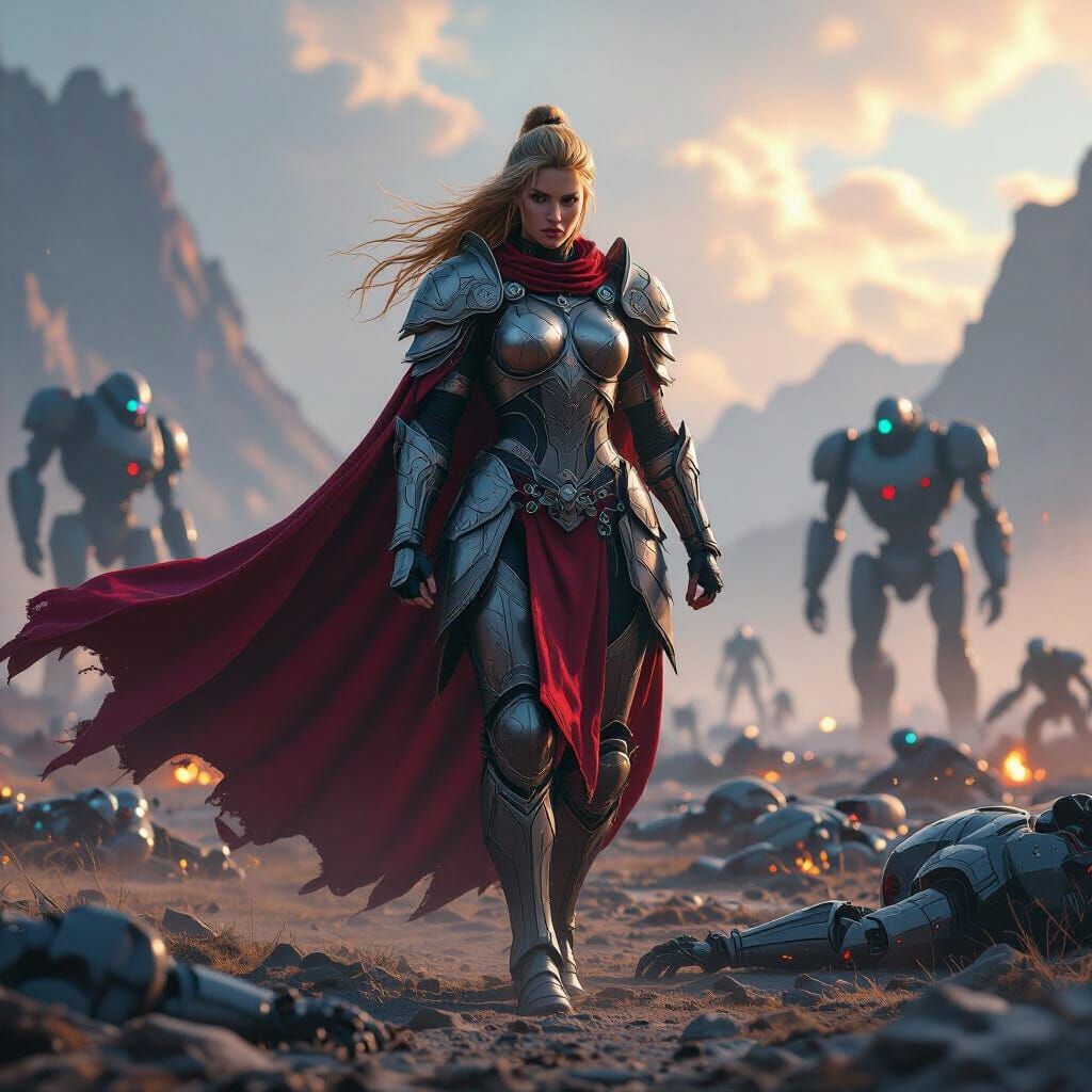 Valkyrie Warrior on Robot Battlefield: Science Fiction Art