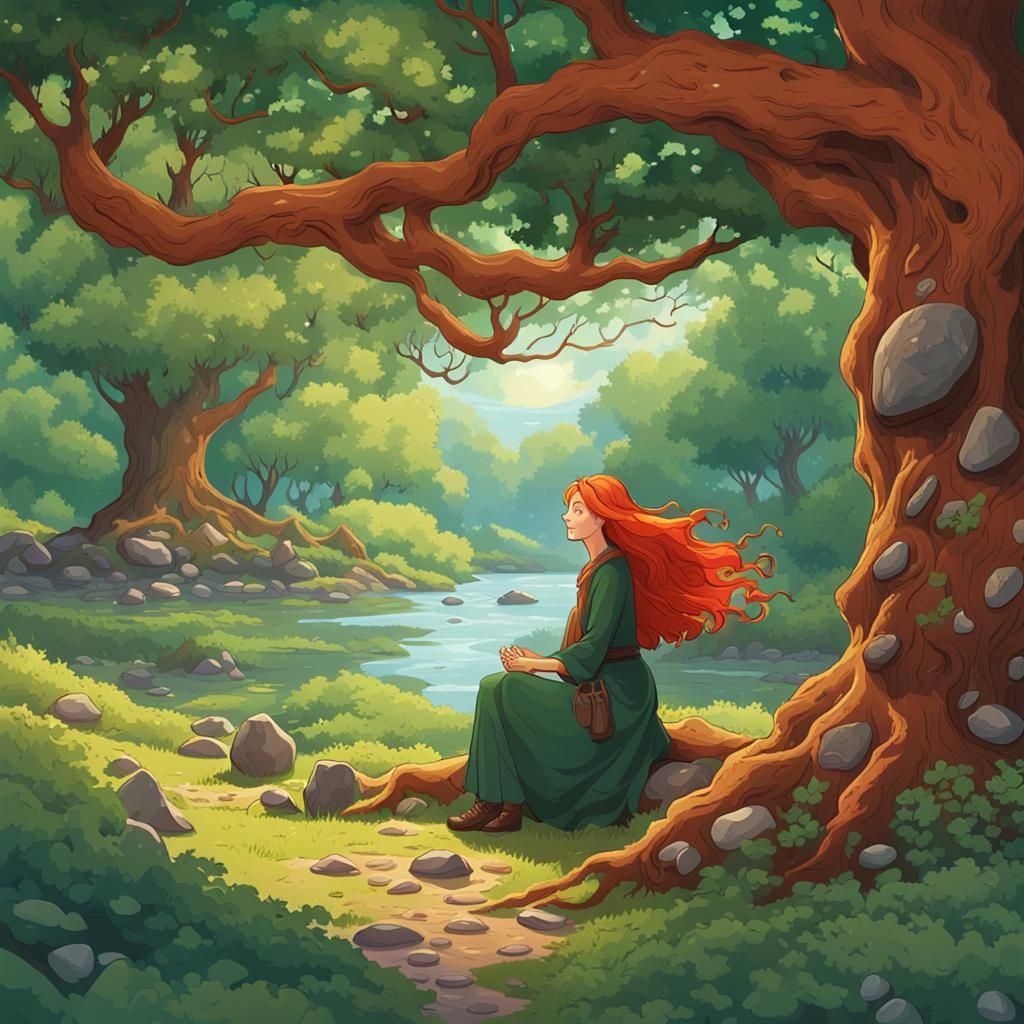 Redhead Witch in Sunlit Forest, Pre-Raphaelite Style
