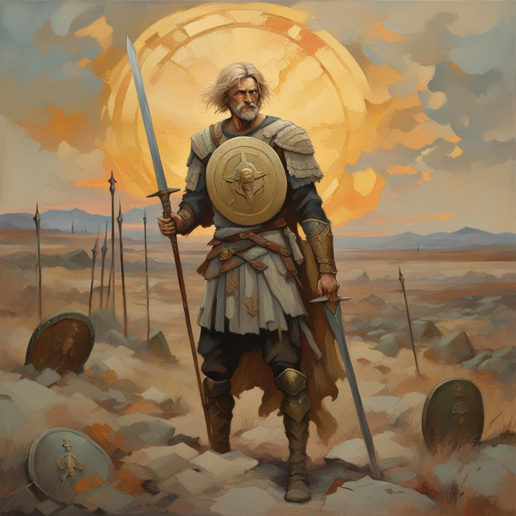 Germanic Warrior in Barren Land as Art Nouveau Oil Painting
