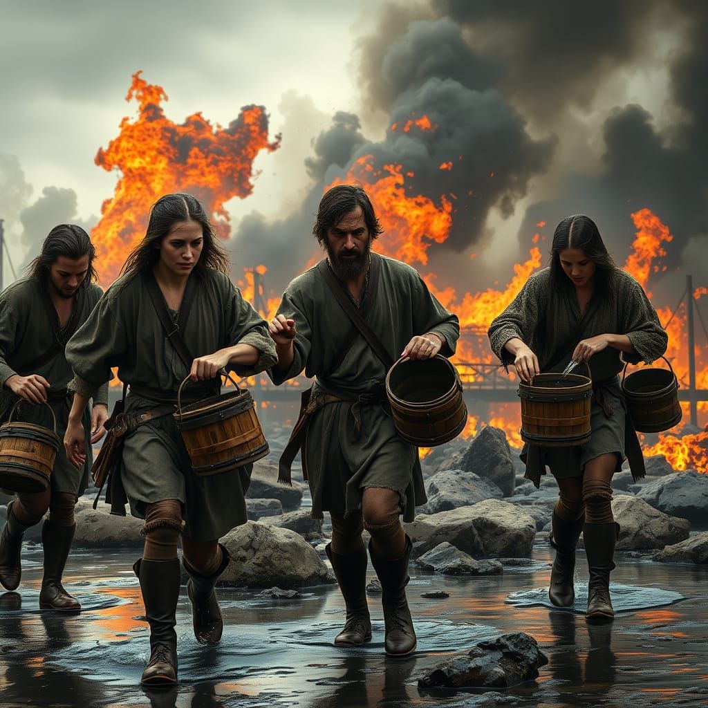Desperate Peasants Fight Inferno with Water