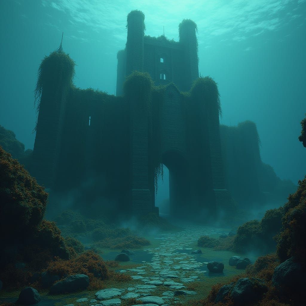 Mystical Ocean Castle Ruins in Deep Blues and Greens