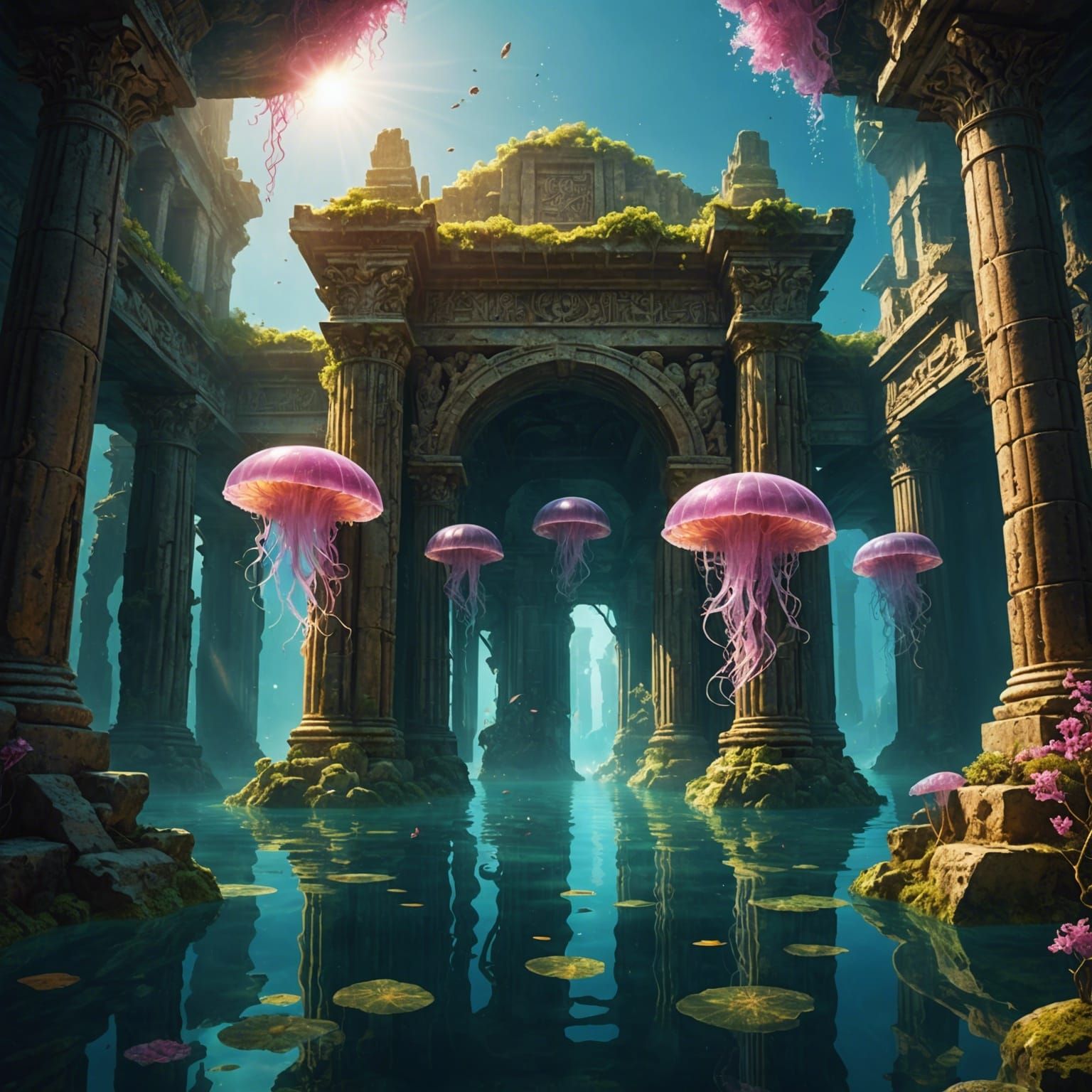 Sunken Golden City with Pink Jellyfish