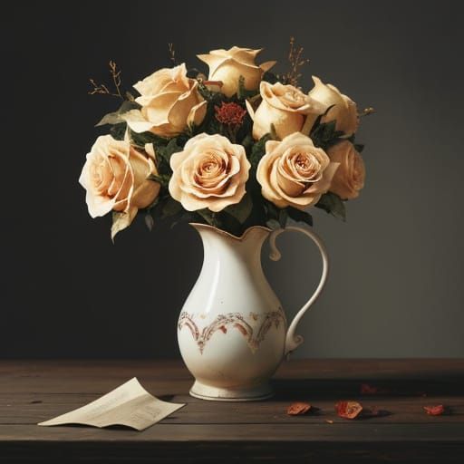 Dried Roses on Wooden Table in Warm Candlelight