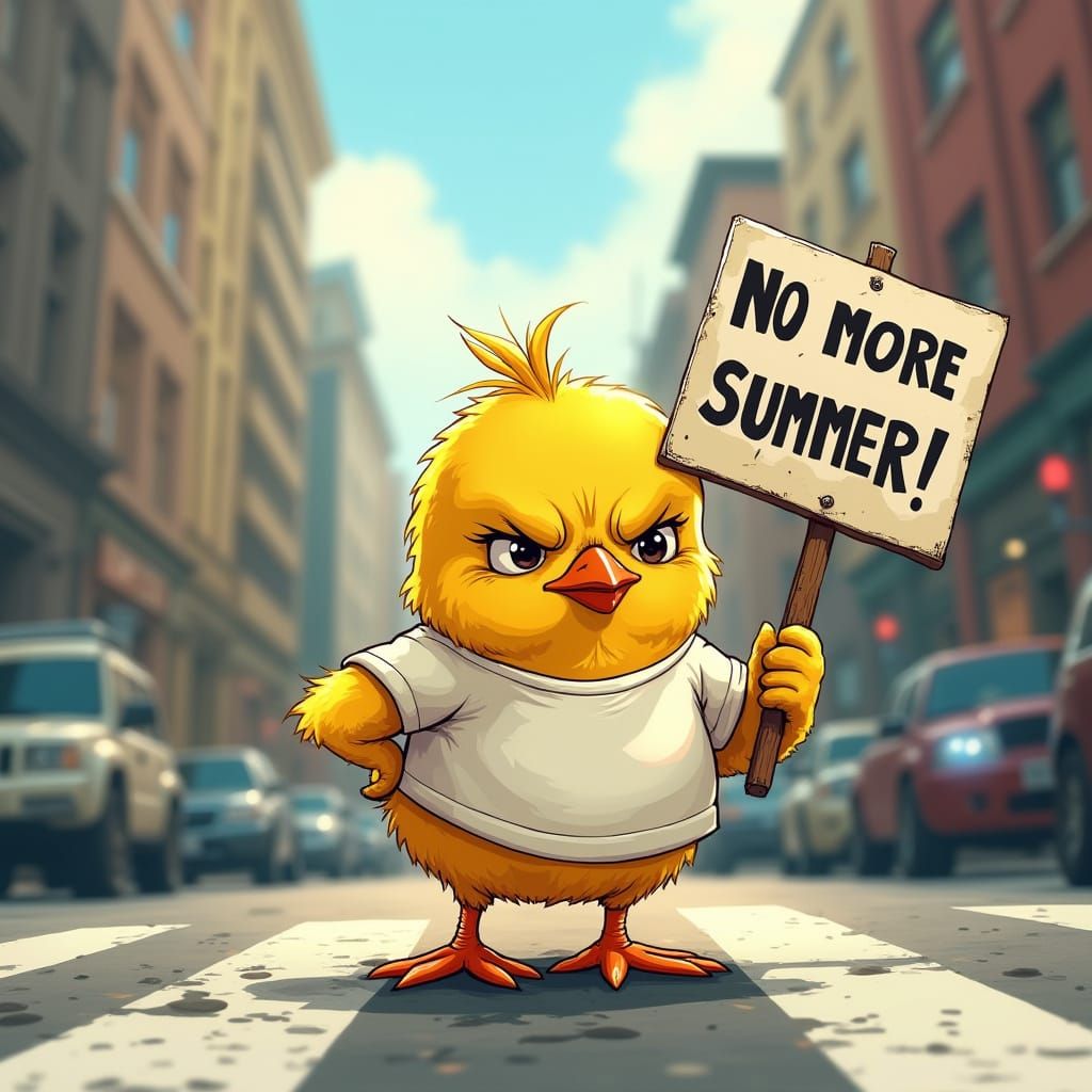 Angry Chick Protests Summer in Cityscape Illustration