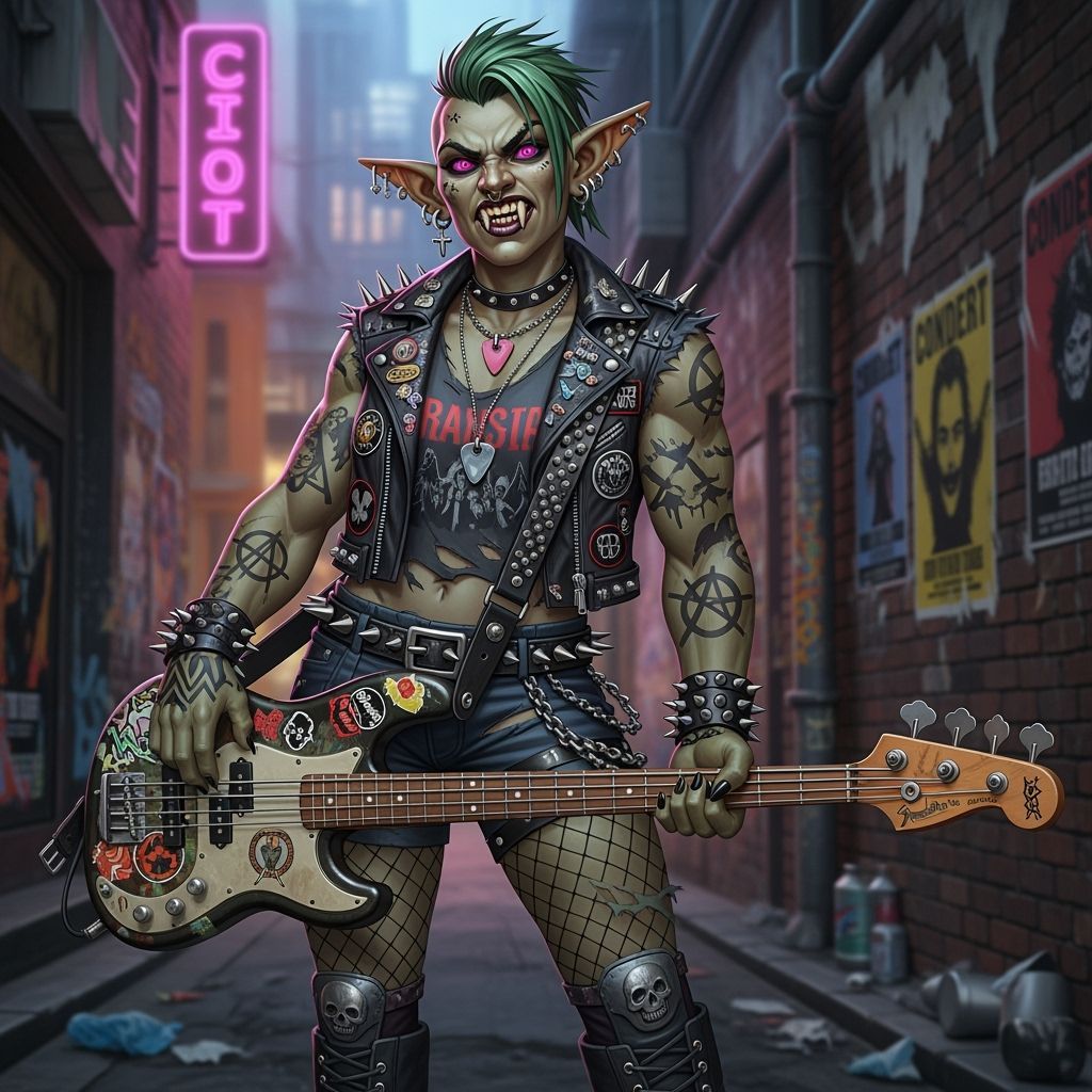 Muscular Punk Goblin Girl with Pink Eyes and Bass Guitar