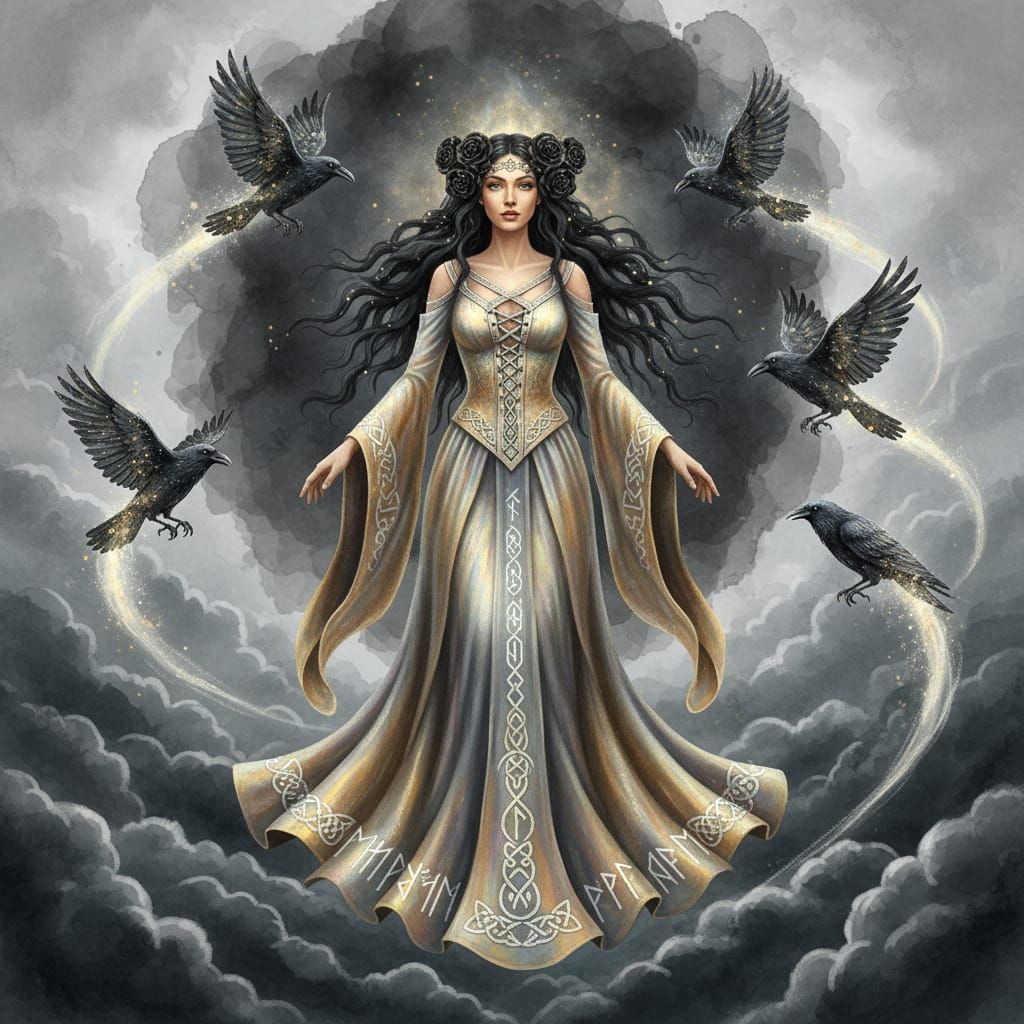 Celtic Goddess in Gold Gown with Ravens