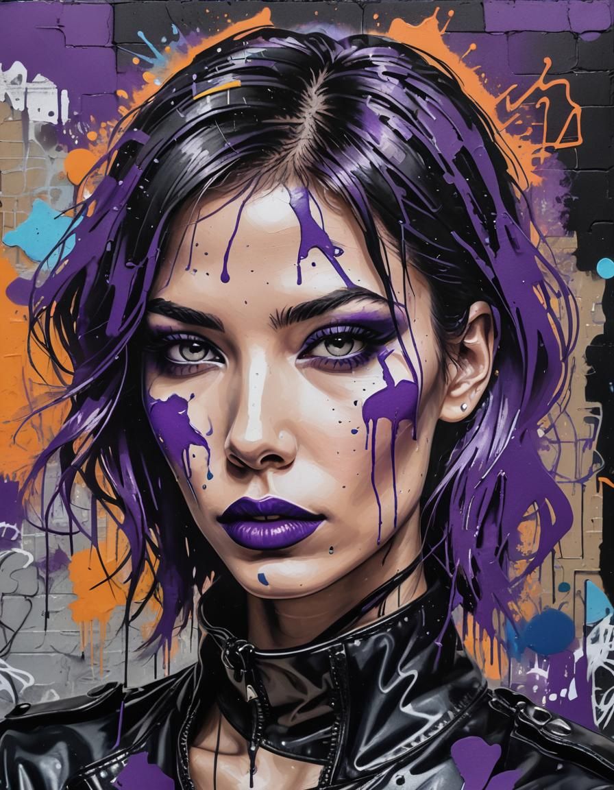 Graffiti Portrait of Model in Leather Outfit