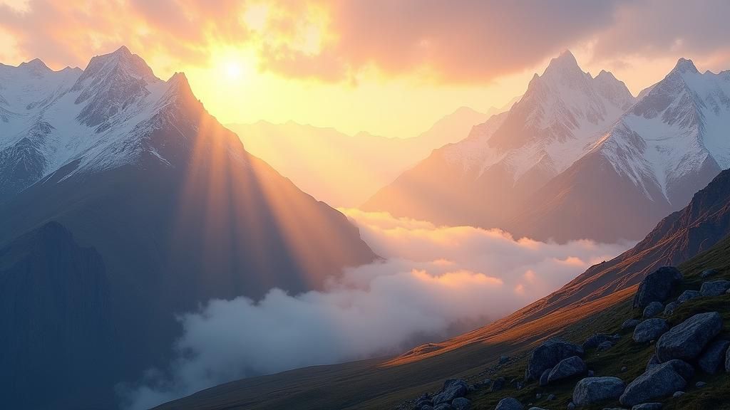 Mountain Sunrise: Ethereal Landscape Painting