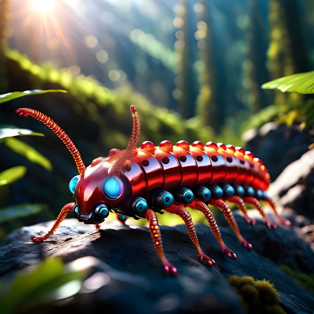 Robotic Caterpillar in Rainforest with Rainbows