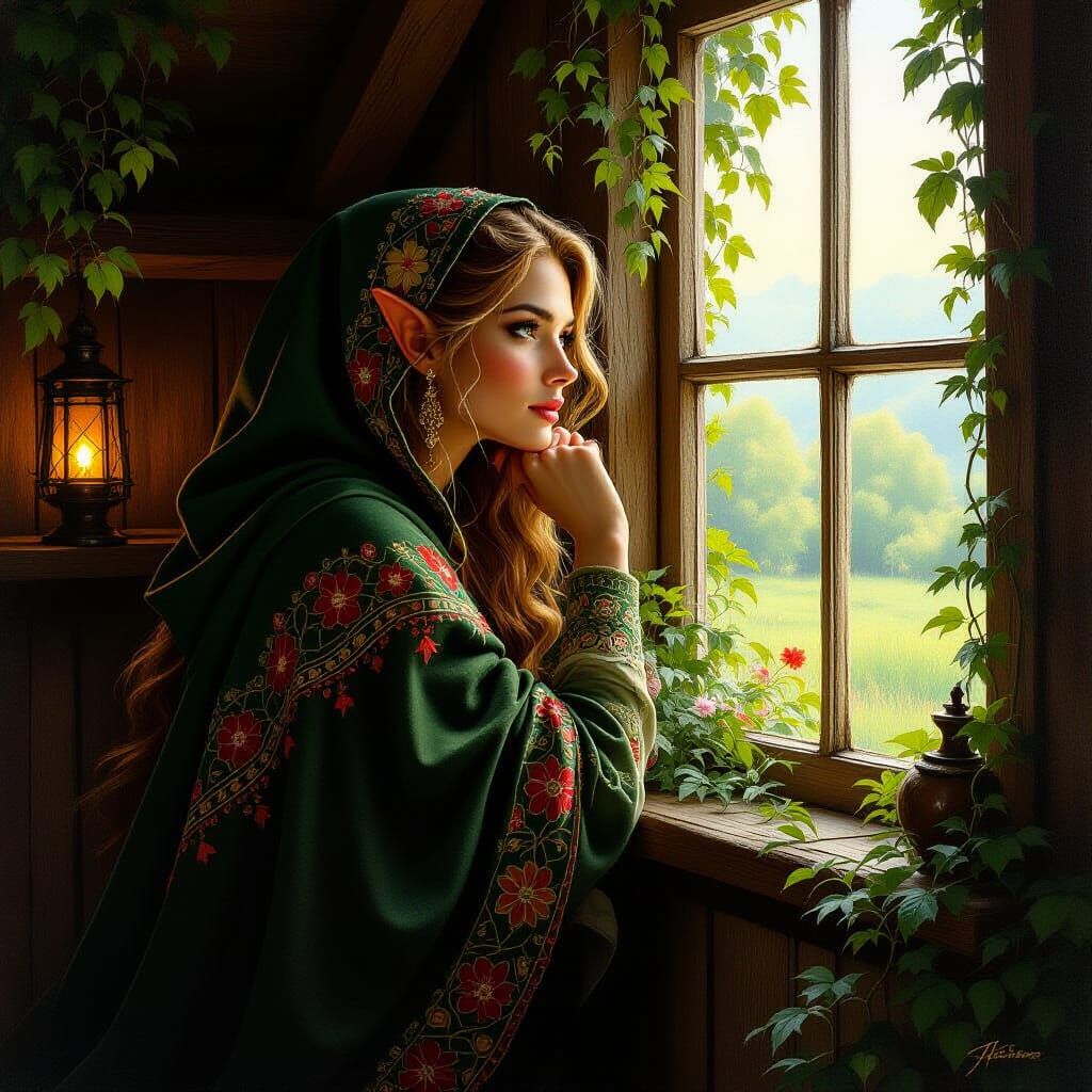 Elf Woman in Cottage, Frank Frazetta Style