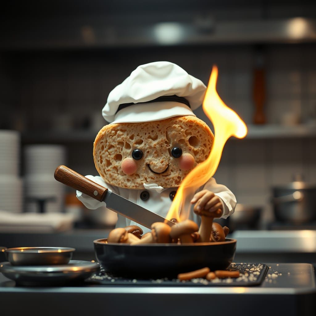 Sentient Sourdough Chef in Hyper-Realistic Kitchen Scene