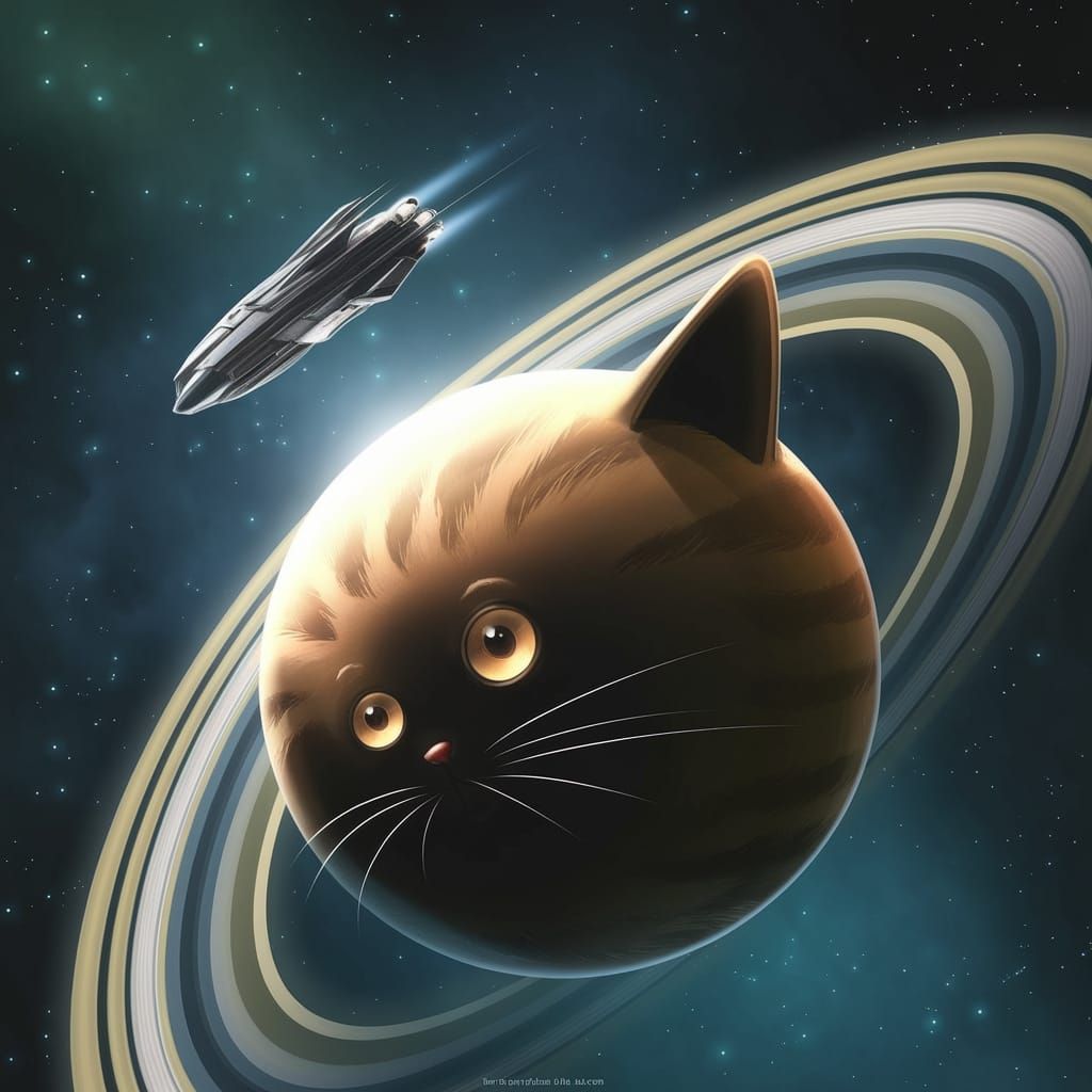 Futuristic Spaceship Approaches Whimsical Cat Planet in Star...