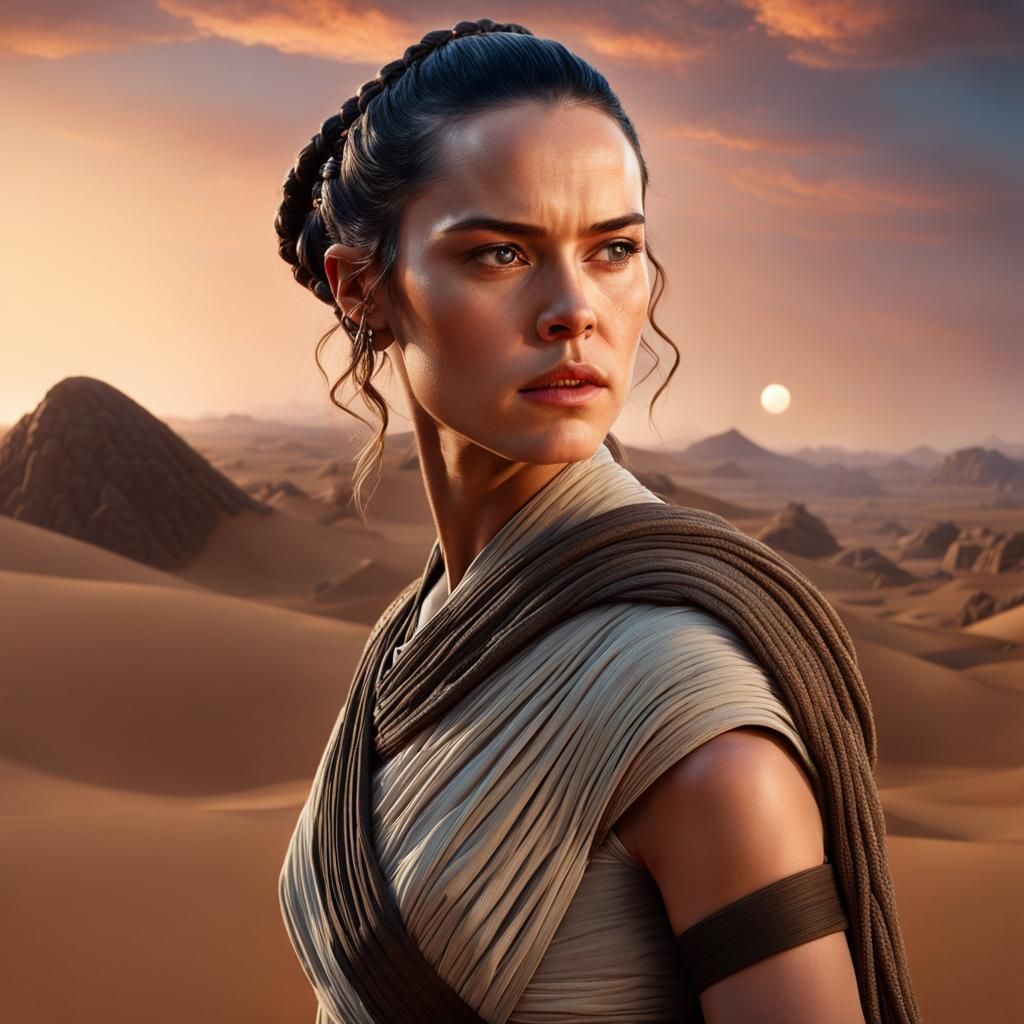 Rey in Desert World with Moons: Hyperrealistic Portrait