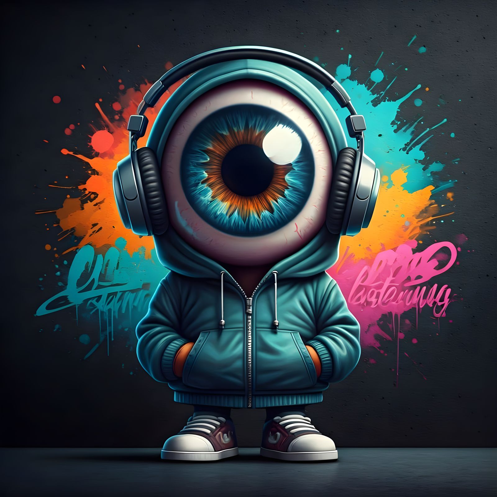Anthropomorphic Eyeball Graffiti Art with Headphones