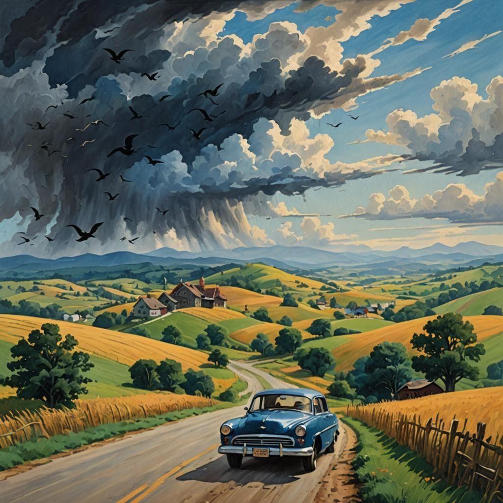 Blue Car on Windy Road: Expressionist Gouache Painting