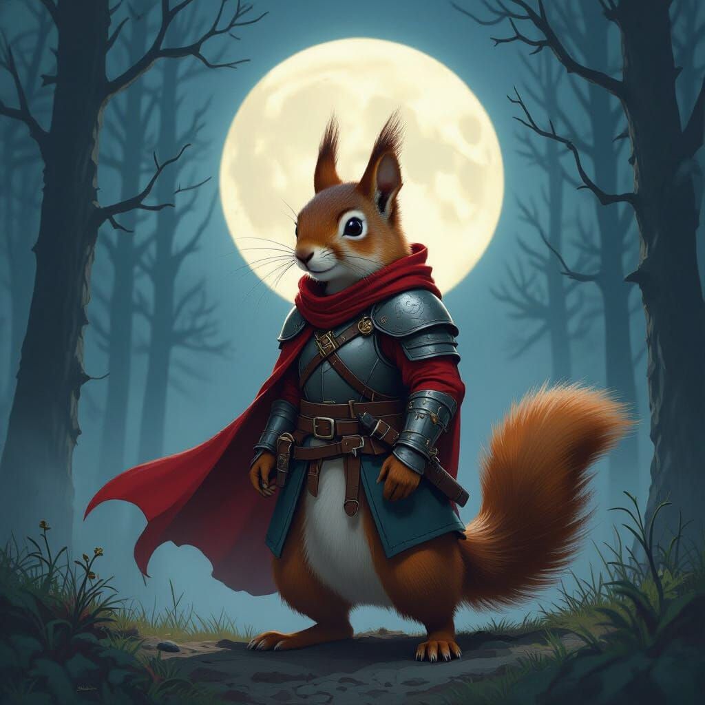 Red Squirrel Spy in Misty Moonlight Forest