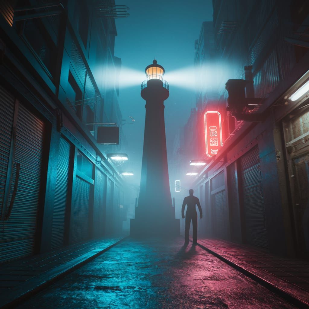 Lighthouse in Cyberpunk Alleyway Film Still